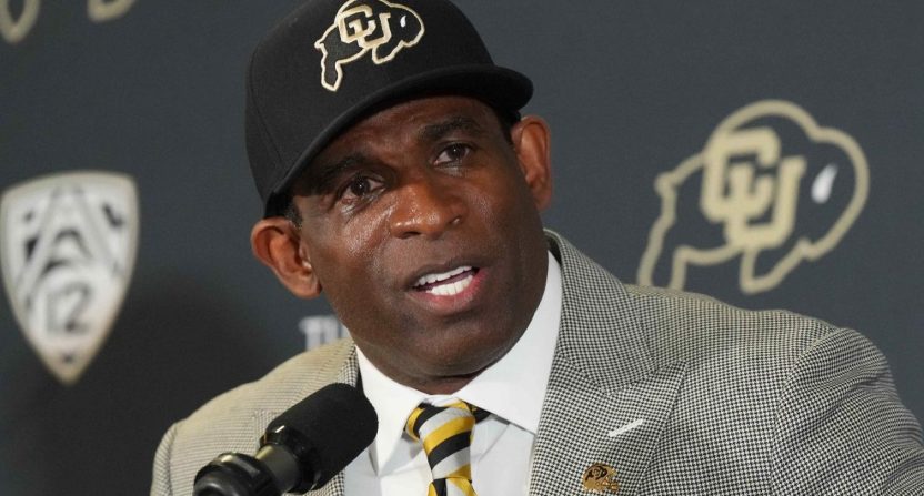 Colorado Buffaloes head football coach Deion Sanders at a press conference in Boulder, CO.
