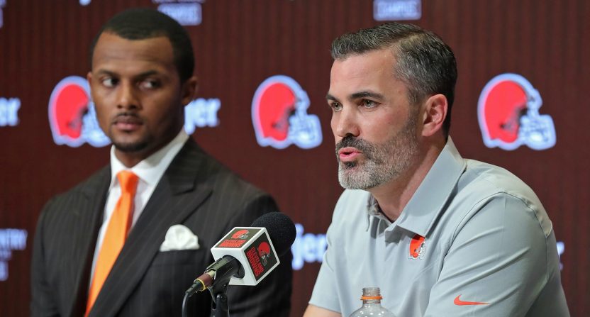 Cleveland Browns head coach Kevin Stefanski, right, addresses Deshaun Watson's off-the-field baggage during his introductory press conference at the Cleveland Browns Training Facility on Friday.