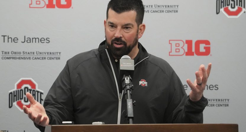 Ryan Feb 1, 2023; Ohio State football coach Ryan Day talks with the media during an off-season news conference. He and other Ohio State football coaches addressed the media in the Woody Hayes Athletic Center. Mandatory Credit: Doral Chenoweth/The Columbus Dispatch Ohio State Football 03 Jpg