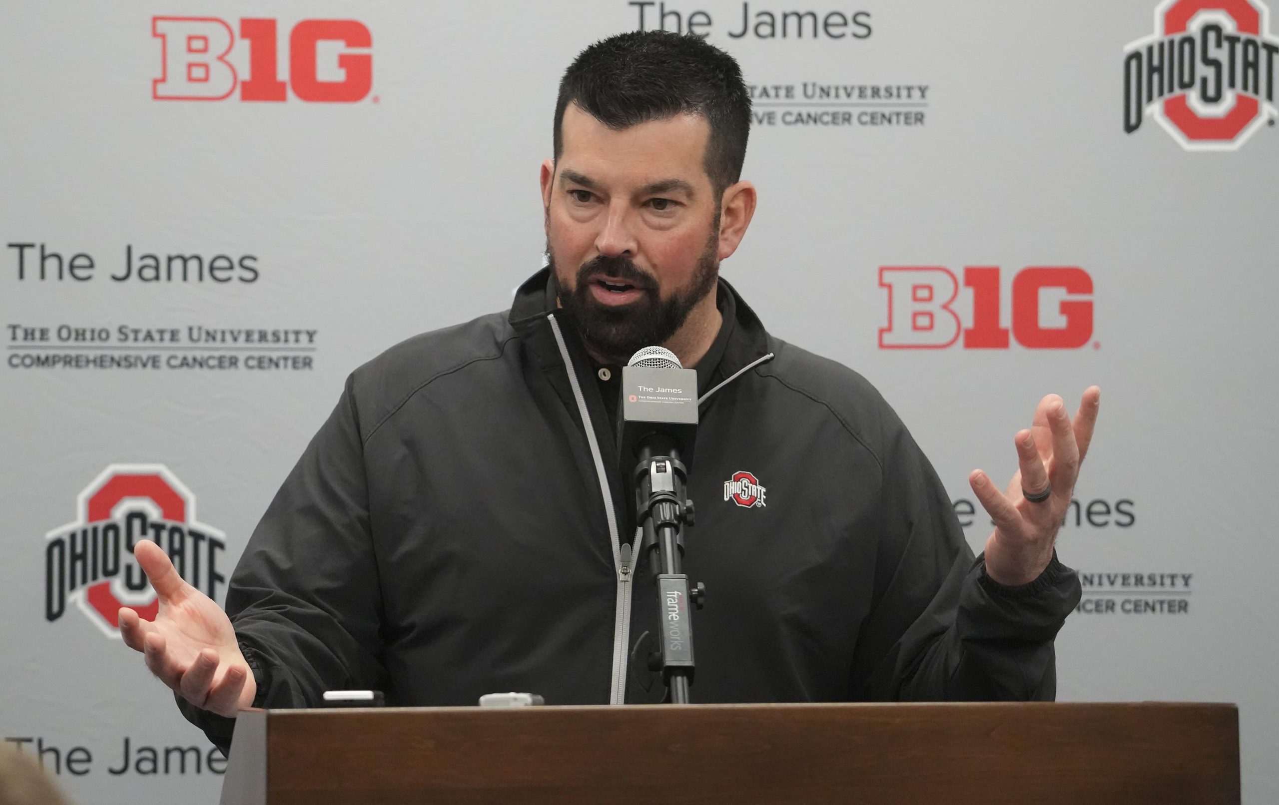 Ryan Feb 1, 2023; Ohio State football coach Ryan Day talks with the media during an off-season news conference. He and other Ohio State football coaches addressed the media in the Woody Hayes Athletic Center. Mandatory Credit: Doral Chenoweth/The Columbus Dispatch Ohio State Football 03 Jpg