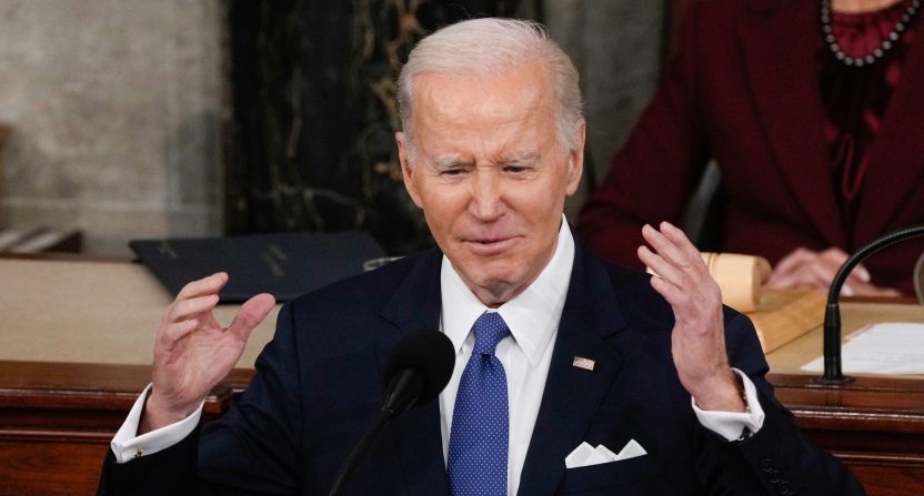 Feb 7, 2023; Washington, DC, USA; President Joe Biden during the State of the Union address from the House chamber of the United States Capitol in Washington.