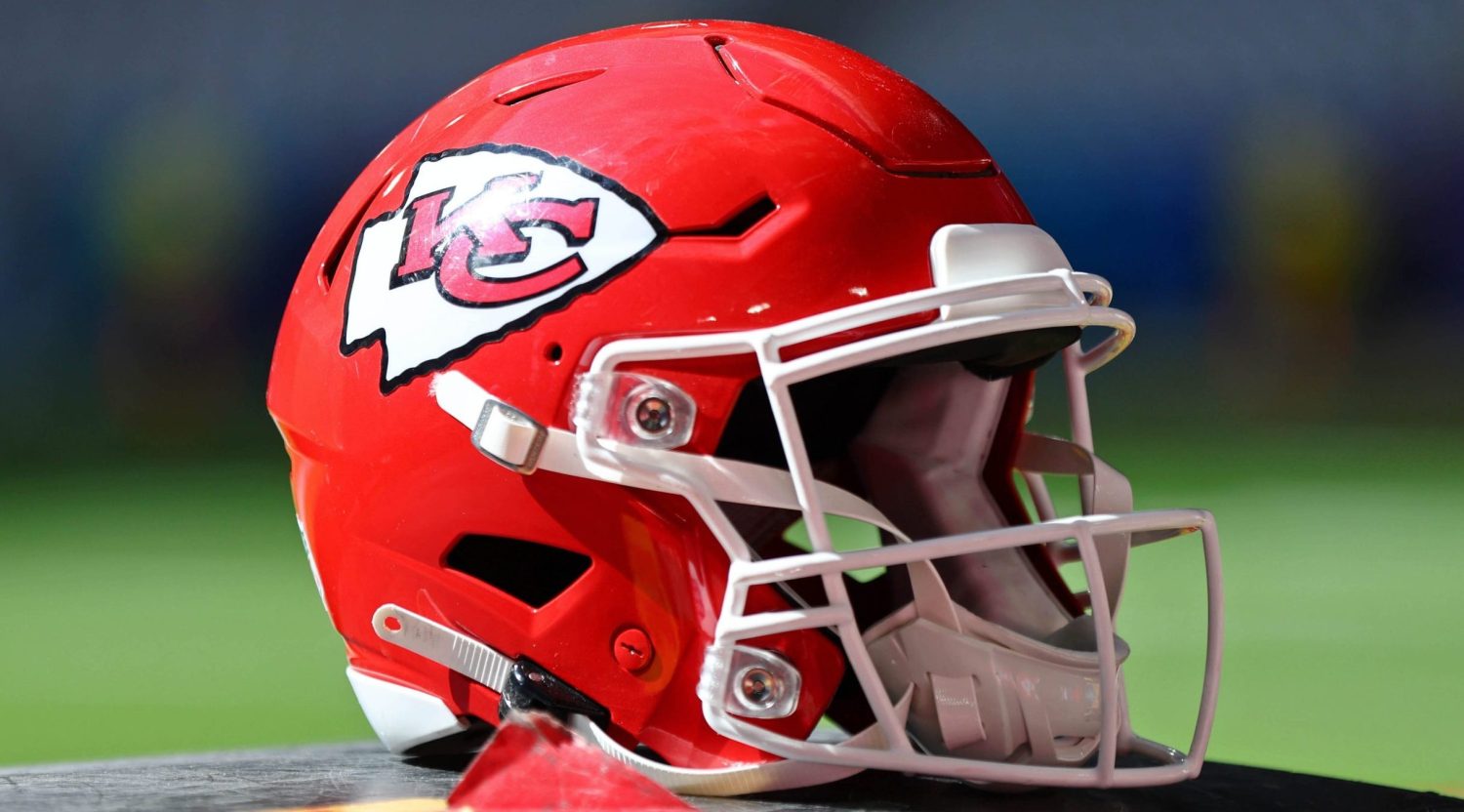 Feb 12, 2023; Glendale, Arizona, US; A detail view of a Kansas City Chiefs helmet before Super Bowl LVII at State Farm Stadium. Mandatory Credit: Mark J. Rebilas-USA TODAY Sports