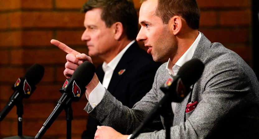 Jonathan Gannon is introduced as the new head coach of the Arizona Cardinals during a news conference at the Cardinals training facility in Tempe on Feb. 16, 2023.