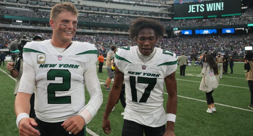 At the end of the game quarterback Zach Wilson of the Jets and Garrett Wilson celebrate a 20-17 win over the Buffalo Bills as the two teams met in an AFC East game played at MetLife Stadium in East Rutherford, NJ on November 6 2022.