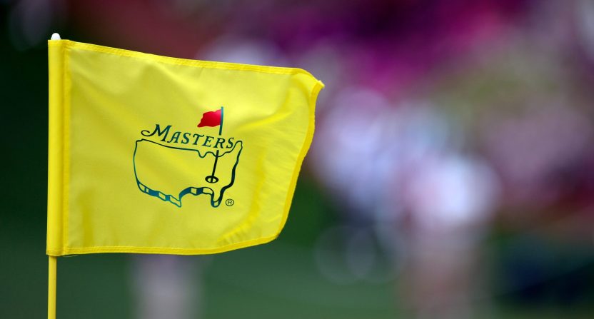The flag on 6 green with azaleas in the background during the second round of the 2013 Masters Tournament