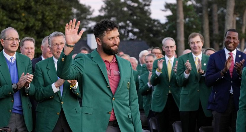 Jon Rahm in his green jacket after winning this 2023 Masters.