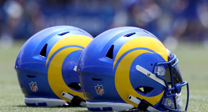 Jul 30, 2022; Irvine, CA, USA; A general view of Los Angeles Rams helmets on the field during training camp at University of California Irvine. Mandatory Credit: Kiyoshi Mio-USA TODAY Sports