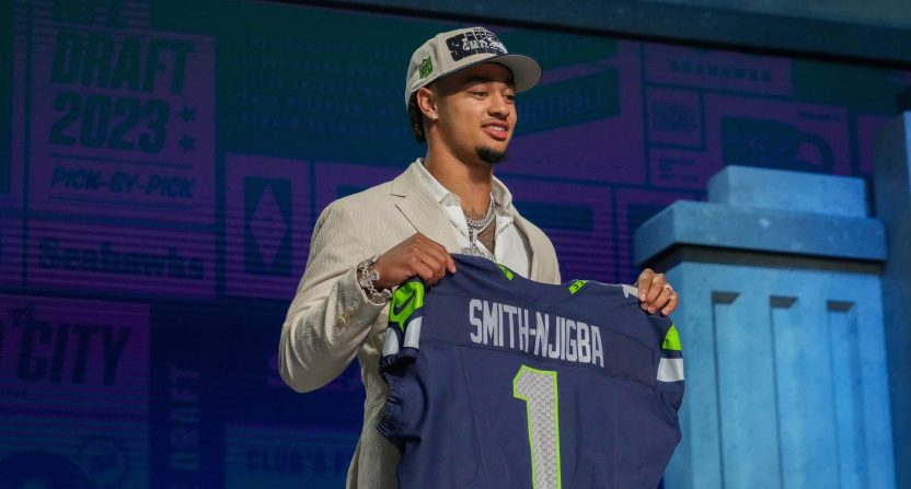Ohio State wide receiver Jaxon Smith-Njigba on stage after being selected by the Seattle Seahawks twentieth overall in the first round of the 2023 NFL Draft