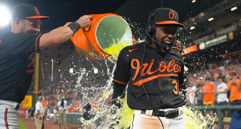 Cedric Mullins gets a Gatorade bath after hitting for the cycle.