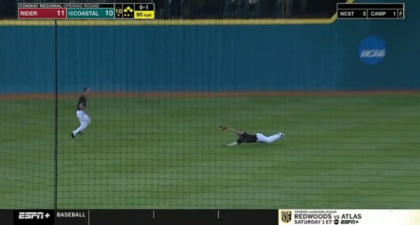 Outfielder Richie Sica made a tremendous catch to seal an upset victory for Rider over Coastal Carolina in the Conway Regional.