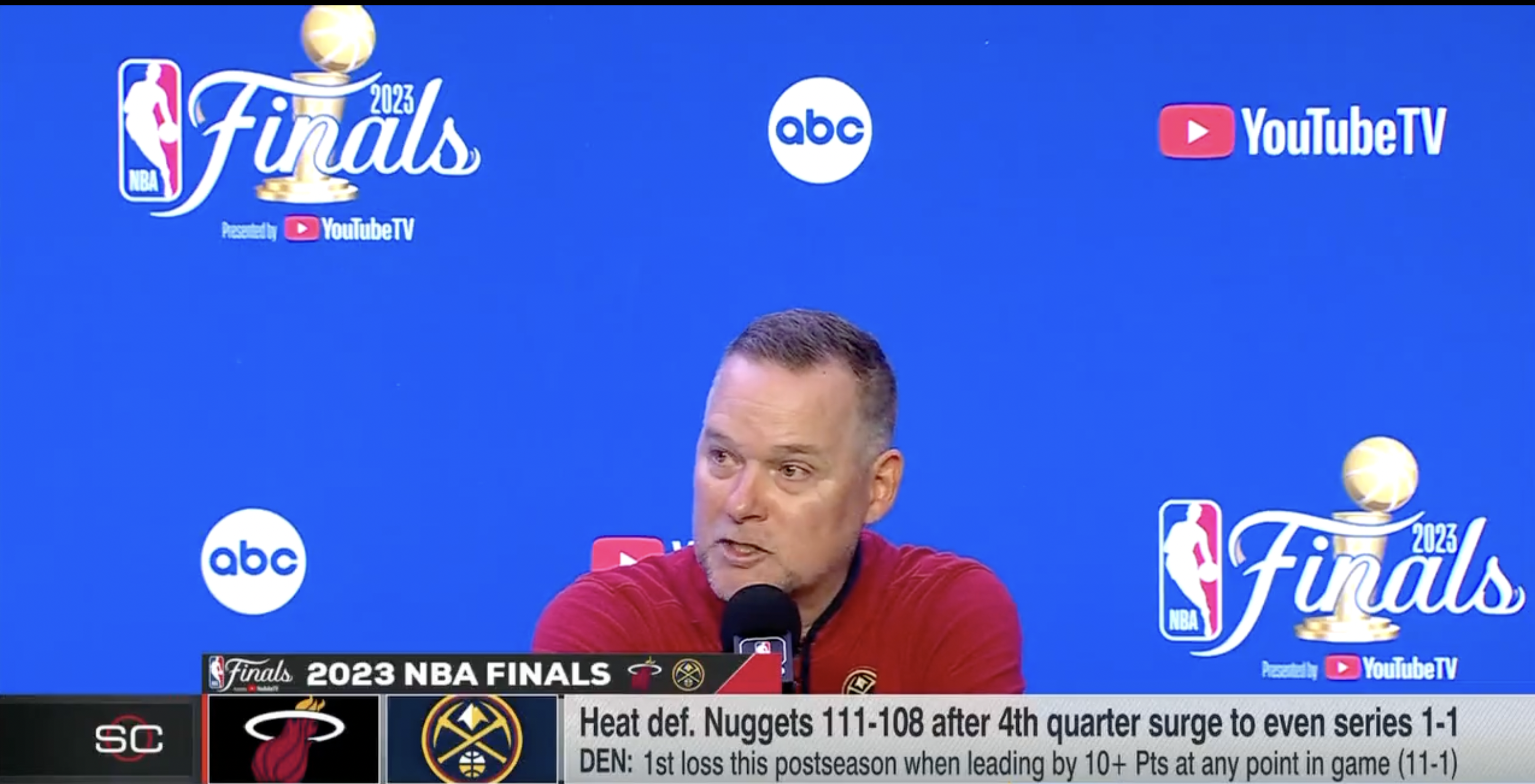 Nuggets head coach Mike Malone after their Game 2 loss in the 2023 NBA Finals.