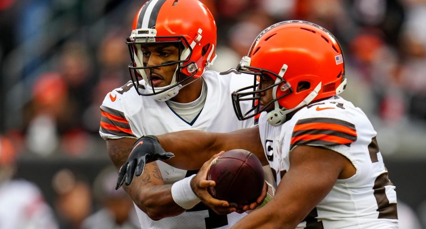 Browns quarterback Deshaun Watson hands off to running back Nick Chubb in the first quarter against the Bengals, Sunday, Dec. 11, 2022, in Cincinnati.