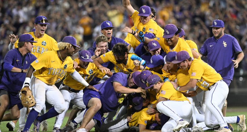 LSU starts a dogpile after their National Championship win over Florida.