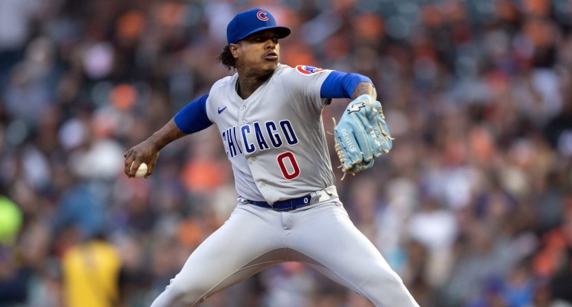 Chicago Cubs star Marcus Stroman throws a pitch vs the San Francisco Giants.