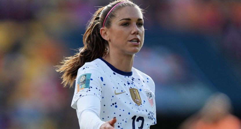 Jul 27, 2023; Wellington, NZL; United States forward Alex Morgan (13) reacts against the Netherlands during the first half in a group stage match for the 2023 FIFA Women's World Cup at Wellington Regional Stadium. Mandatory Credit: Jenna Watson-USA TODAY Sports