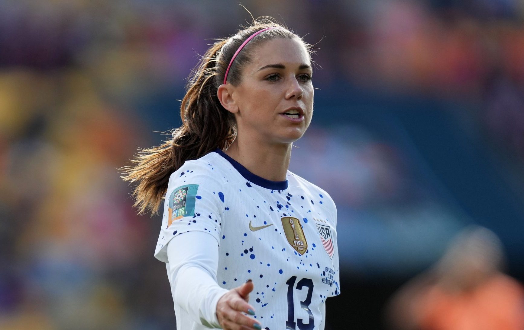 Jul 27, 2023; Wellington, NZL; United States forward Alex Morgan (13) reacts against the Netherlands during the first half in a group stage match for the 2023 FIFA Women's World Cup at Wellington Regional Stadium. Mandatory Credit: Jenna Watson-USA TODAY Sports