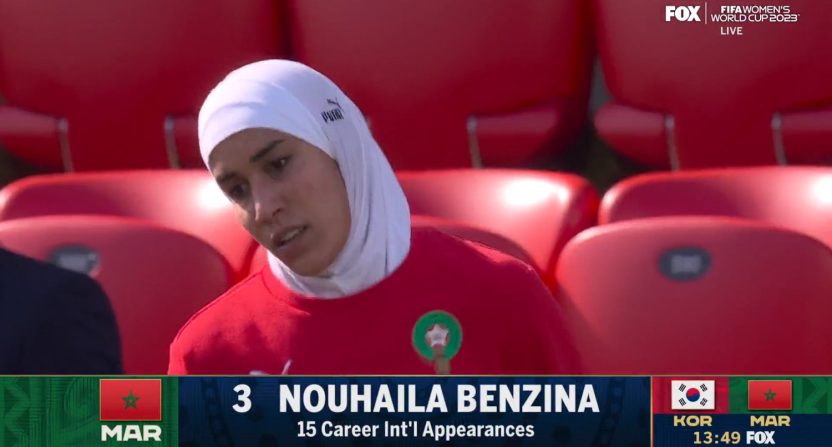 Nouhaila Benzina wearing a hijab while competing for Morocco.
