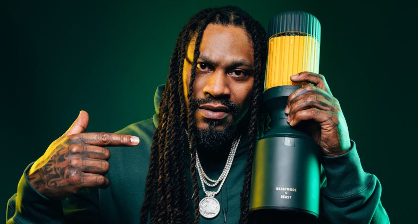 Marshawn Lynch with the "Beastmode by Beast" Blender.