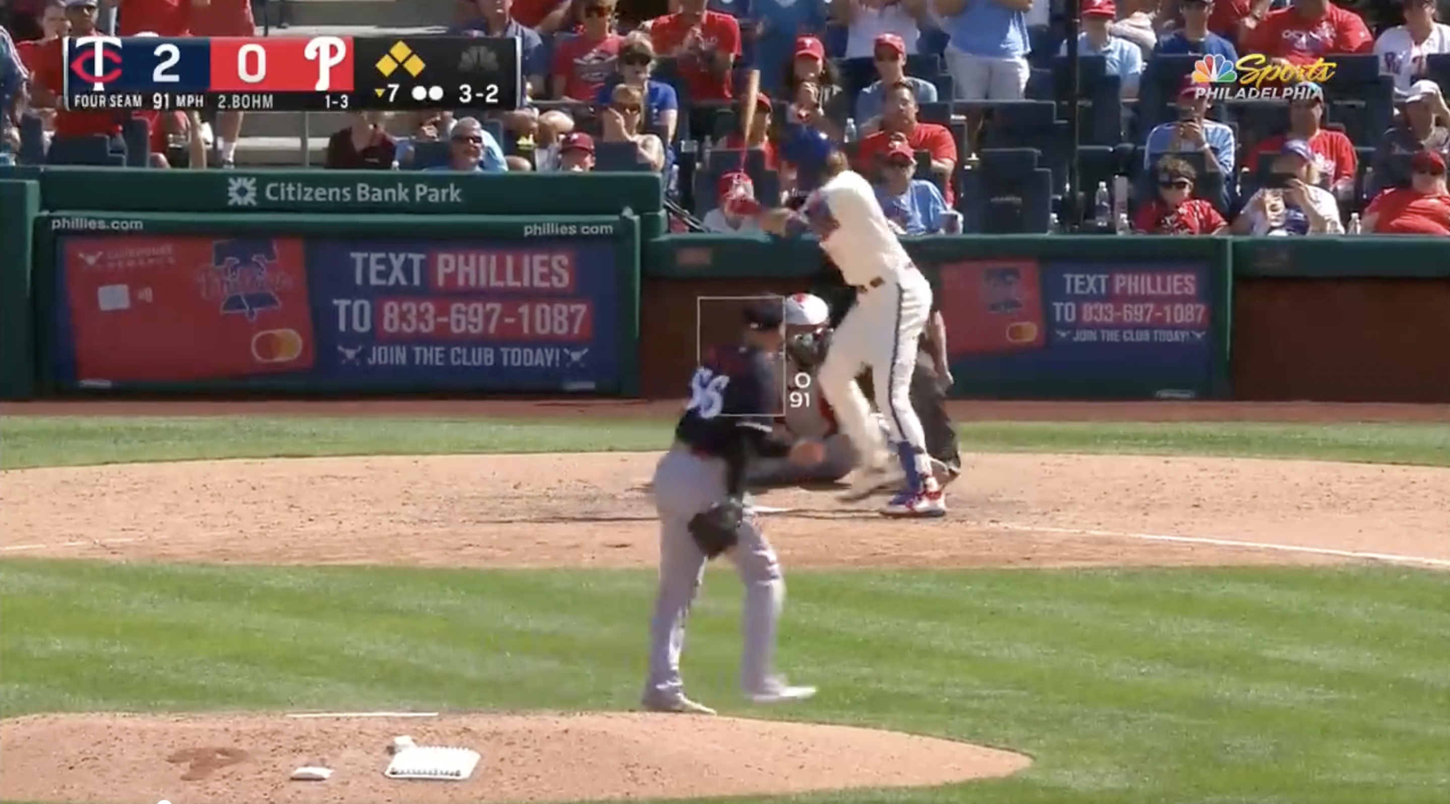 Phillies Alec Bohm gets called out on strikes on a horrible call.