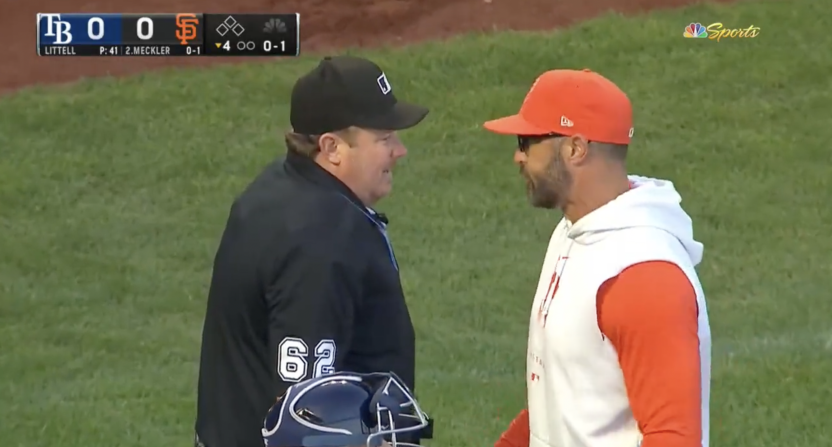 Giants manager Gabe Kapler talking to home-plate umpire Chad Whitson after being ejected.