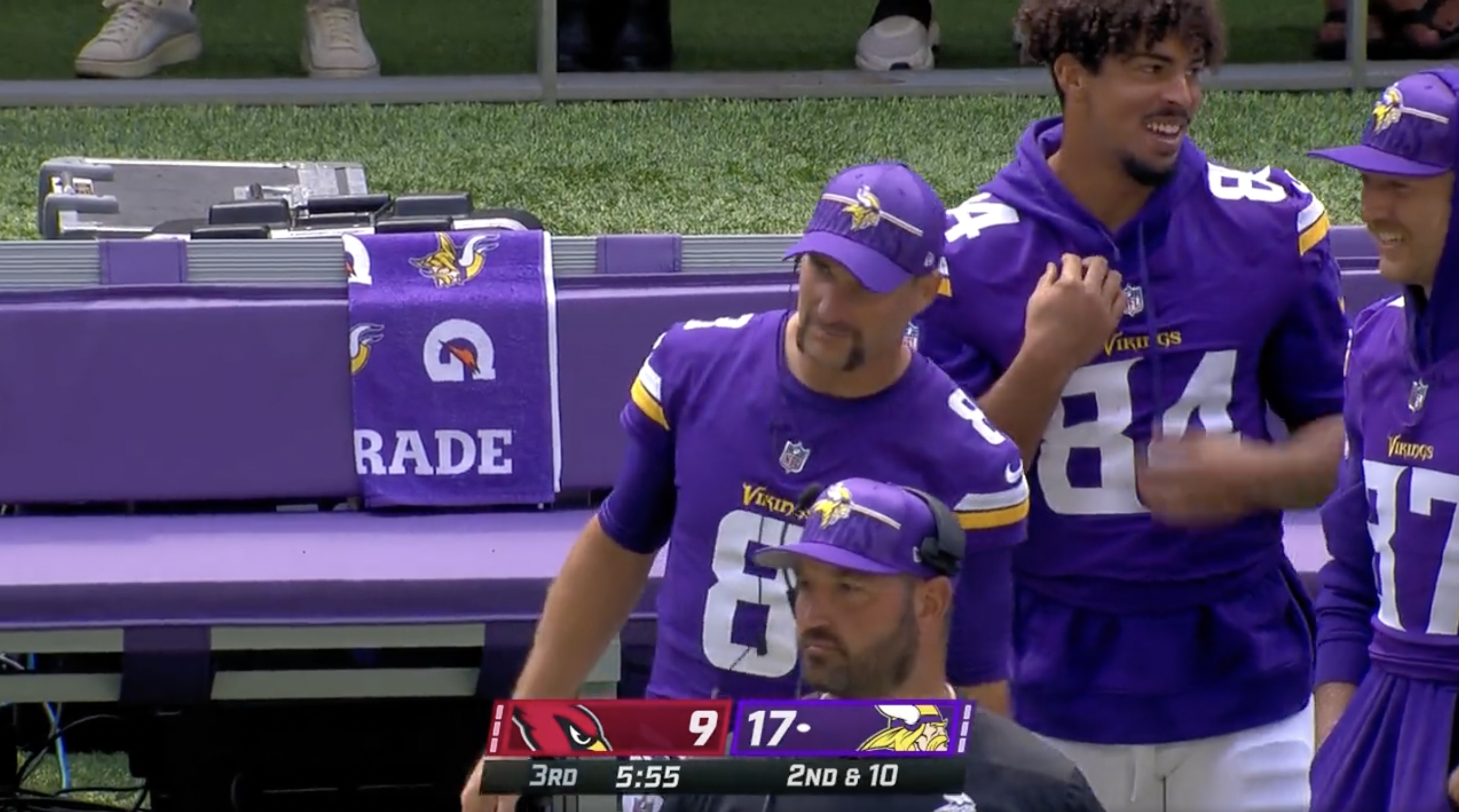 Kirk Cousins showing off his new mustache in the Vikings final preseason game
