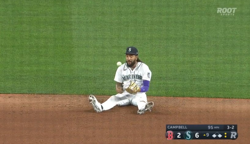 Mariners shortstop J.P. Crawford made a tremendous game-ending catch in Monday's game against the Boston Red Sox. Photo Credit: ROOT Sports Northwest
