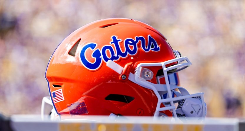 Florida Gators helmet on a water jug during the game against LSU Tigers during the first half at Tiger Stadium.