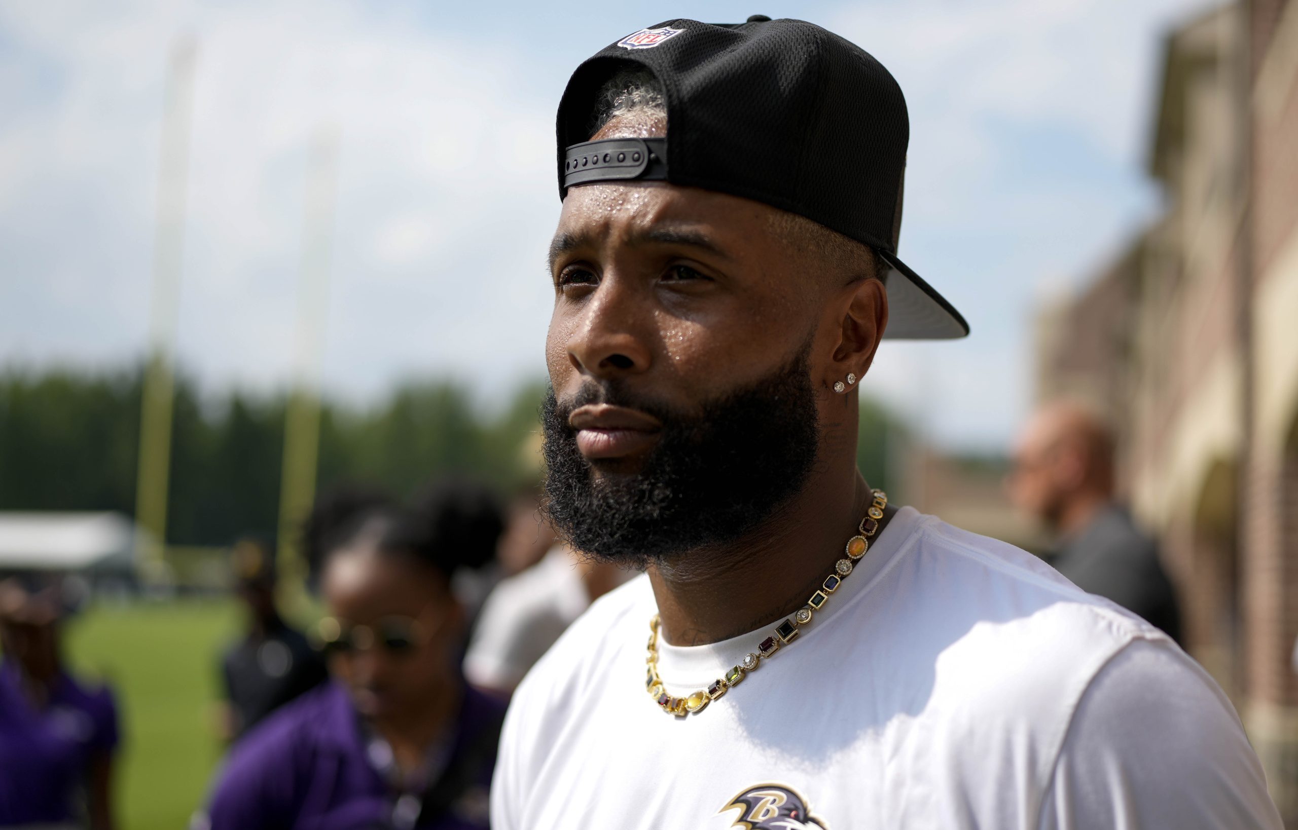 Jul 27, 2023; Owings Mills, MD, USA; Baltimore Ravens wide receiver Odell Beckham Jr. (3) walks after signing autographs following training camp practice at Under Armour Performance Center. Mandatory Credit: Brent Skeen-USA TODAY Sports