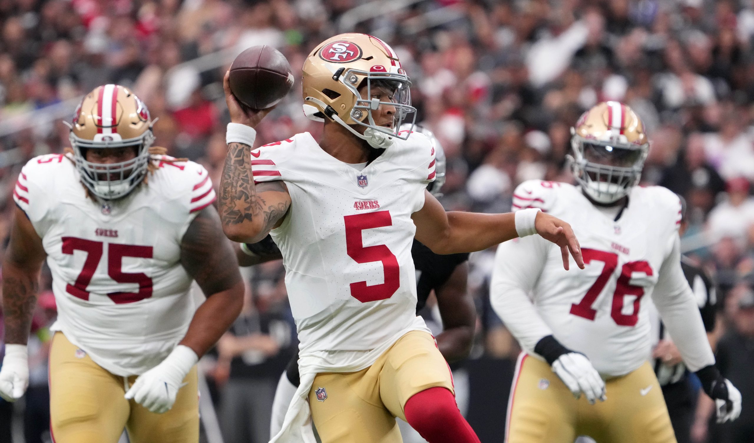 49ers quarterback Trey Lance started the preseason opener against the Raiders. His performance left a lot of questions. Photo Credit: Kirby Lee-USA TODAY Sports