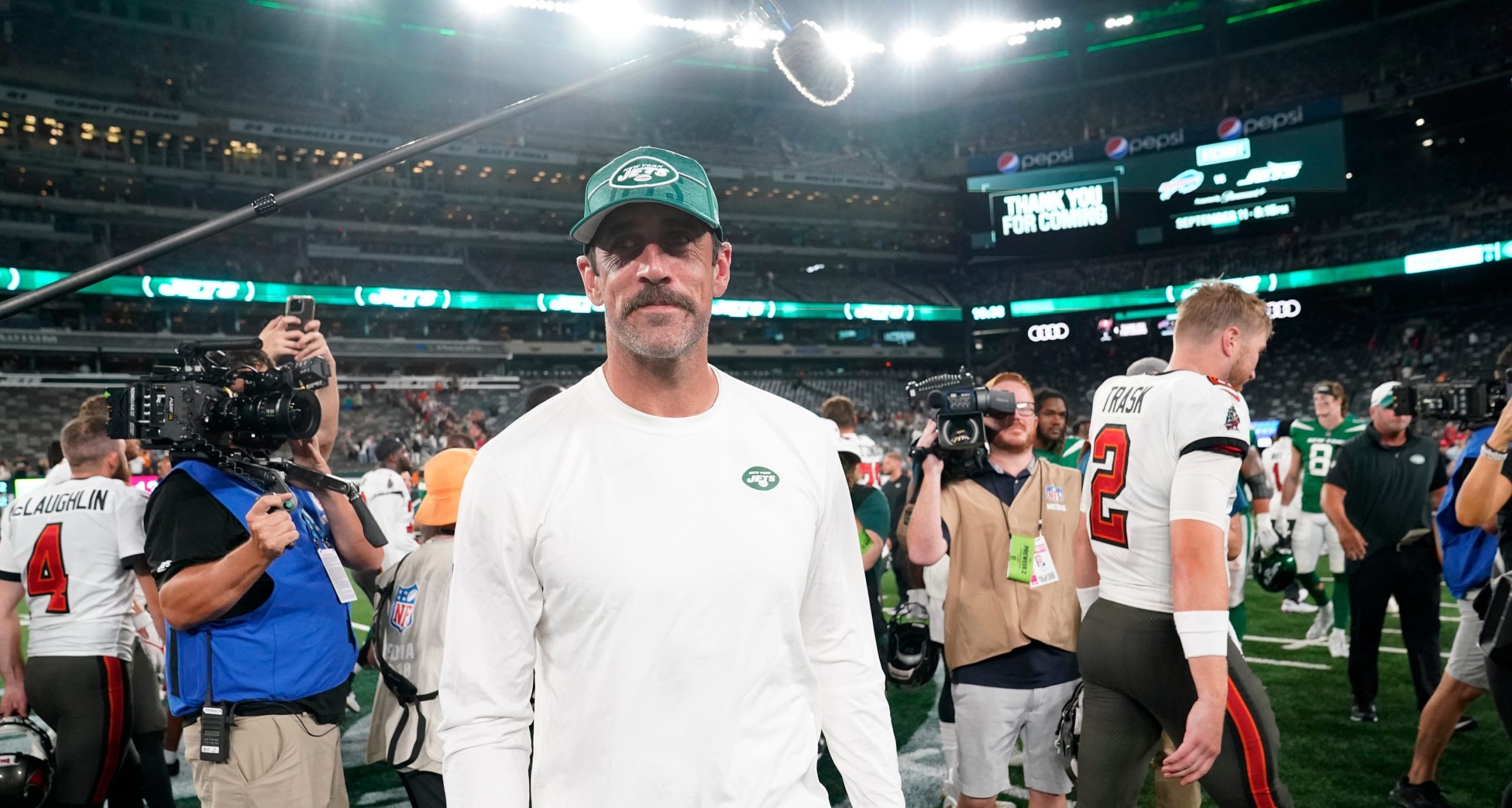 New York Jets quarterback Aaron Rodgers after the game. The Buccaneers defeat the Jets, 13-6, in a preseason NFL game at MetLife Stadium on Saturday, Aug. 19, 2023, in East Rutherford.