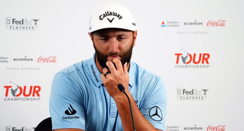 PGA golfer Jon Rahm addresses the media during a press conference at East Lake Golf Club prior to Thursday’s start of the TOUR Championship golf tournament.