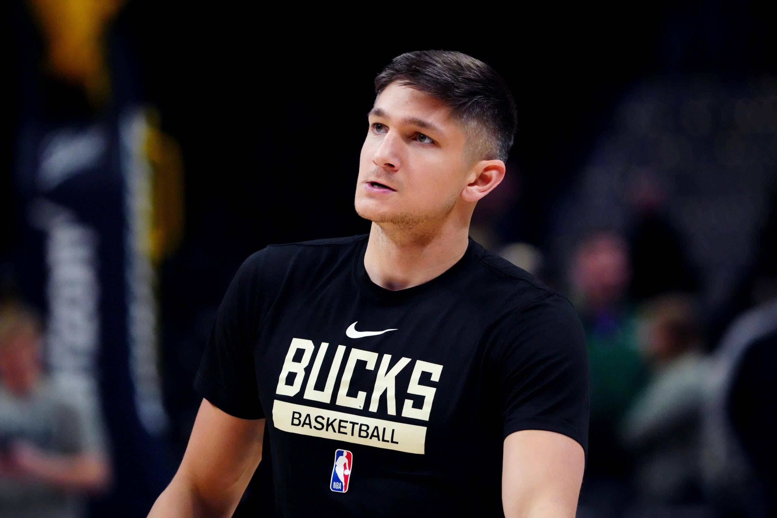 Mar 25, 2023; Denver, Colorado, USA; Milwaukee Bucks guard Grayson Allen (12) before the game against the Denver Nuggets at Ball Arena. Mandatory Credit: Ron Chenoy-USA TODAY Sports
