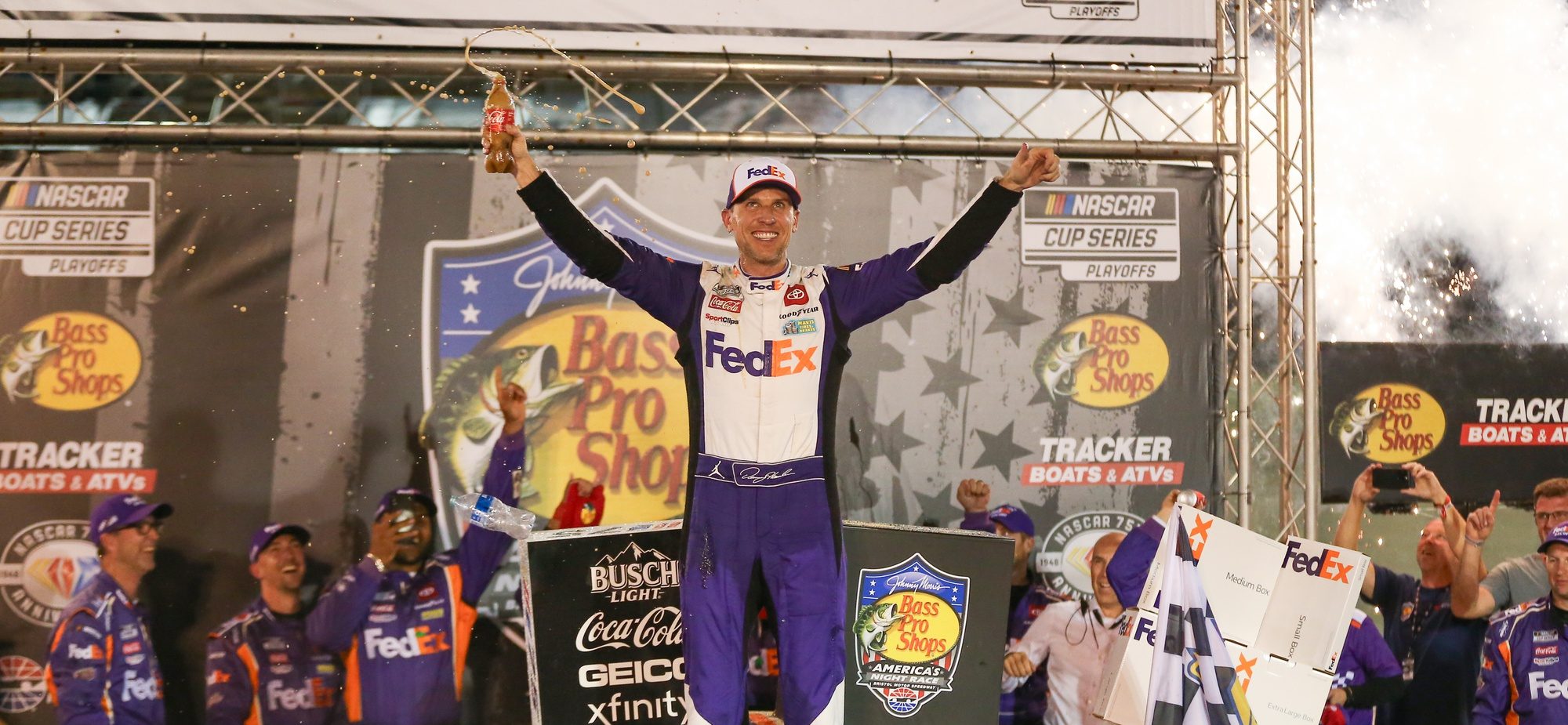 NASCAR Cup Series driver Denny Hamlin (11) wins the Bass Pro Shops Night Race at Bristol Motor Speedway. Mandatory