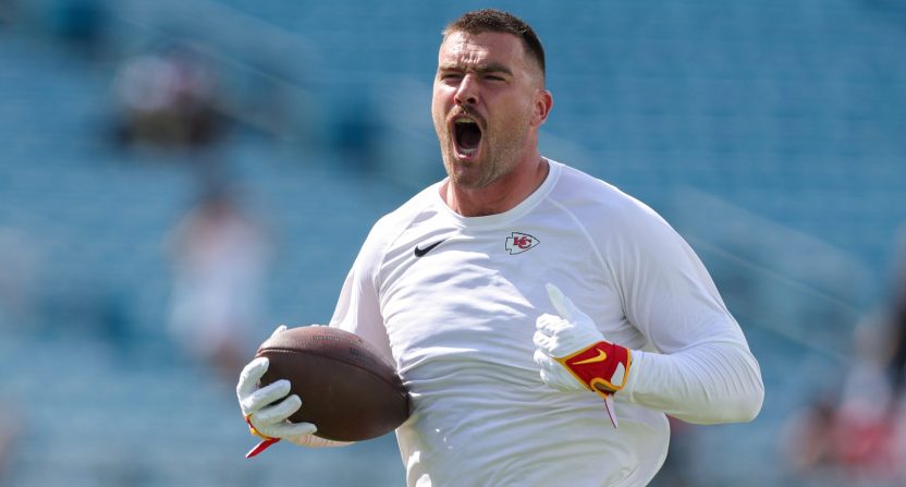 Chiefs star Travis Kelce spoke on The Pat McAfee Show about how his relationship with Taylor Swift got going. Photo Credit: Nathan Ray Seebeck-USA TODAY Sports