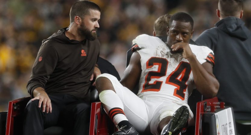 Browns running back Nick Chubb suffered a horrific knee injury early in the second quarter of Monday's game. Photo Credit: Charles LeClaire-USA TODAY Sports
