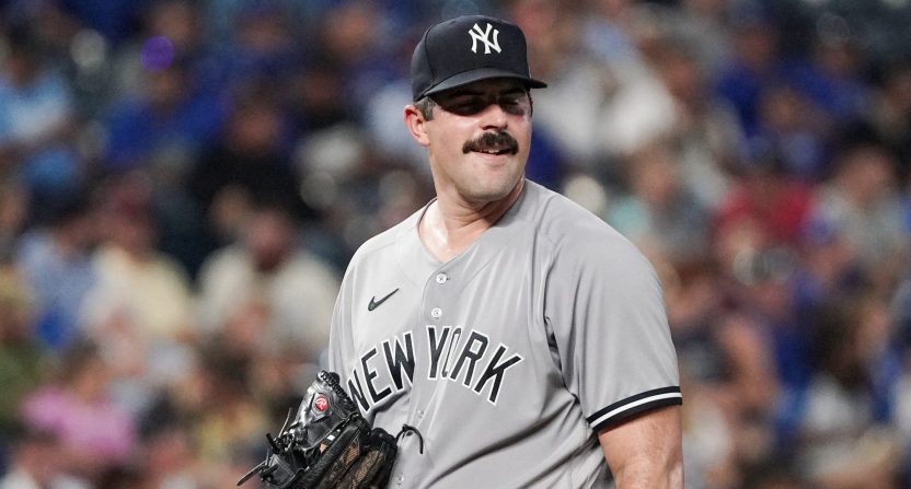 Pitcher Carlos Rodon had a terrible first season for the Yankees which concluded with arguably the worst outing from any starter all season. Photo Credit: Denny Medley-USA TODAY Sports