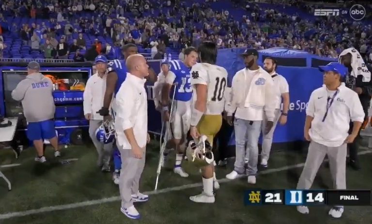 Notre Dame quarterback Sam Hartman was praised for not only his performance against Duke, but his actions after the game. Photo Credit: ABC