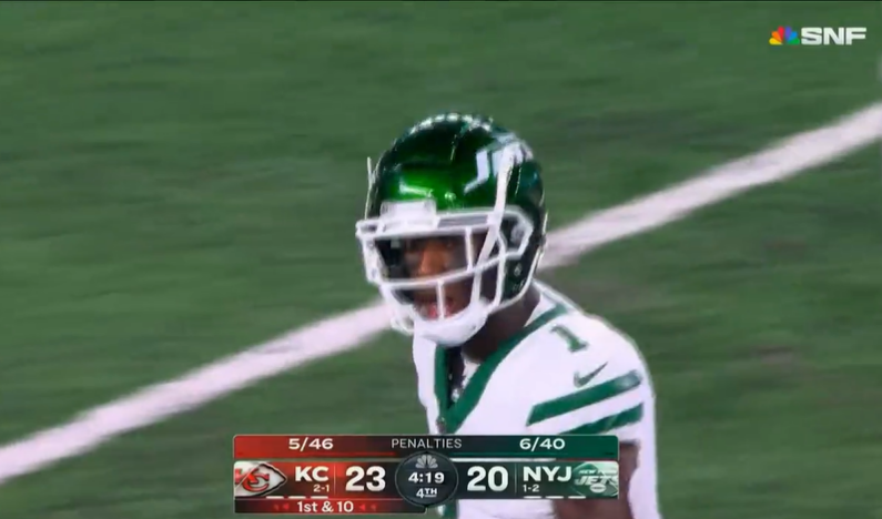 Jets cornerback Sauce Gardner was called for a controversial defensive holding call against the Chiefs and ripped the ruling after the game. [Photo Credit: NBC]