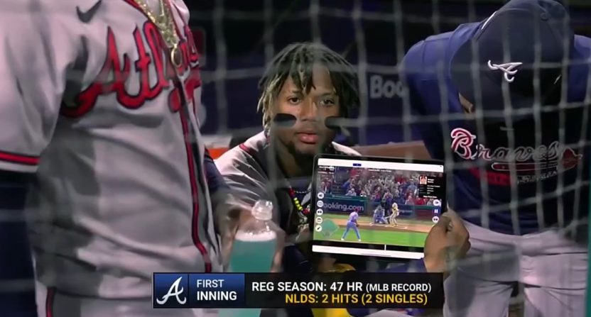 Braves star Ronald Acuña Jr. objected to a strike call against him in the first inning of Game 4 of the NLDS vs. the Phillies. Photo Credit: TBS
