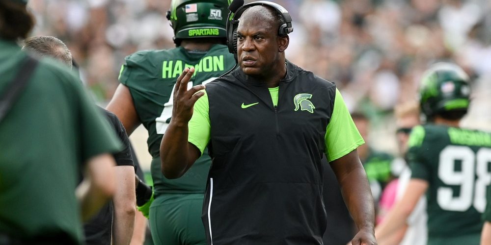 Michigan State's head coach Mel Tucker signals to players during the first quarter in the game against Akron on Saturday, Sept. 10, 2022, at Spartan Stadium in East Lansing.