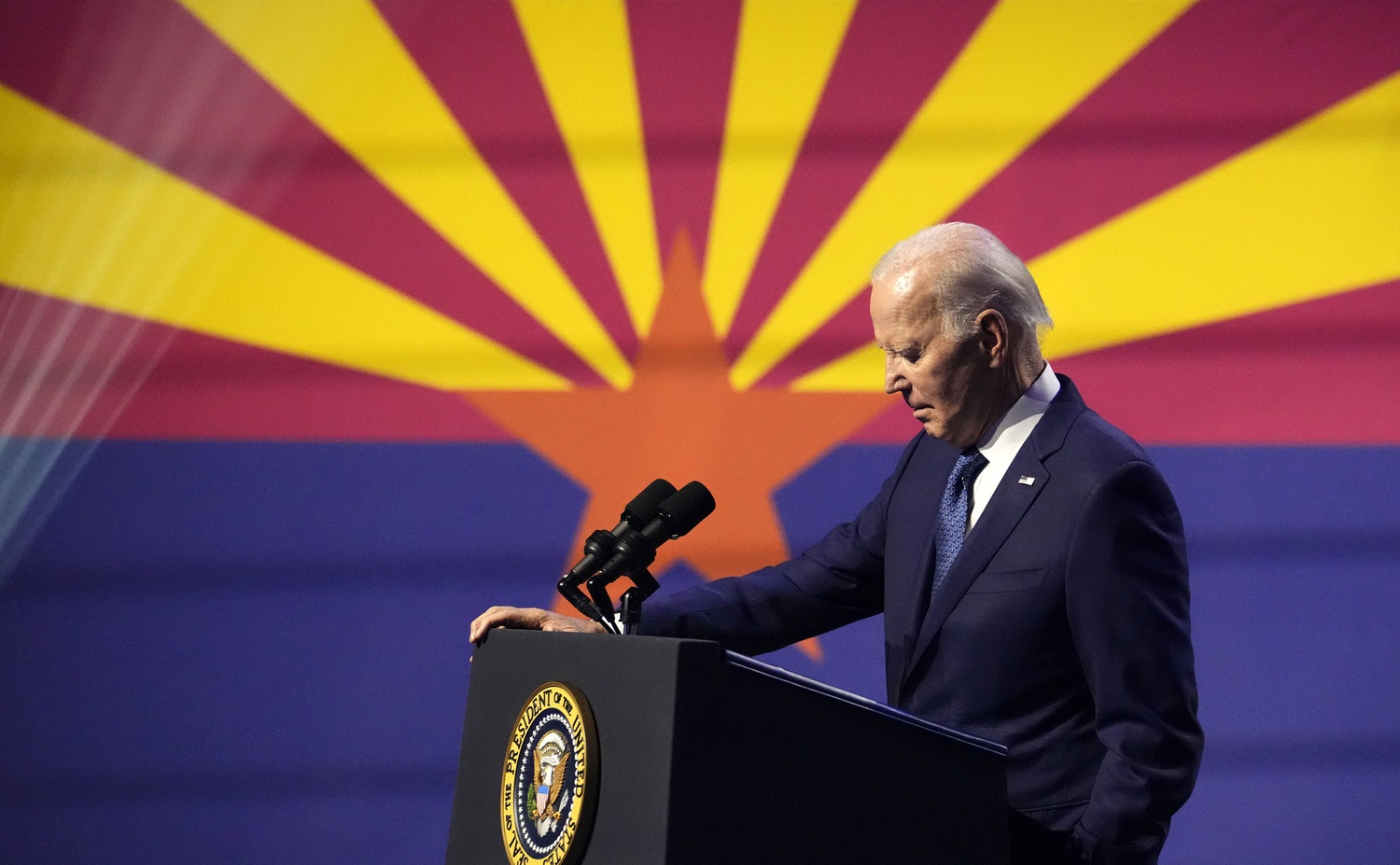President Joe Biden gives a speech on democracy on Sept. 28, 2023, at the Tempe Center for the Arts. Biden announced the creation of the John McCain Library in Arizona.