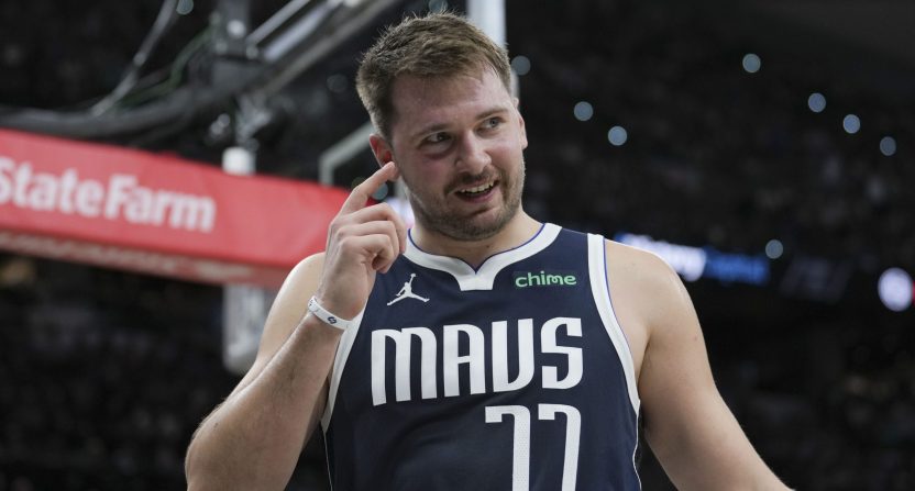 Luka Doncic celebrating during his 49-point performance against the Nets.