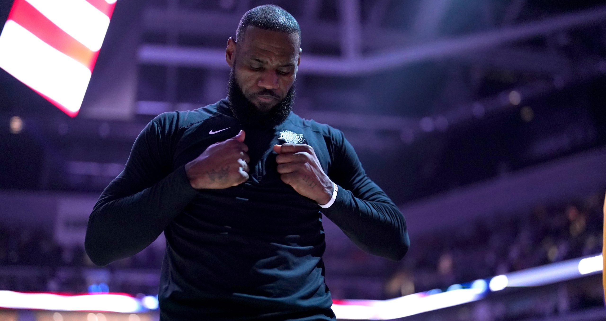 Oct 29, 2023; Sacramento, California, USA; Los Angeles Lakers forward LeBron James (23) stands on the court during the playing of the national anthem against the Sacramento Kings at the Golden 1 Center. Mandatory Credit: Cary Edmondson-USA TODAY Sports