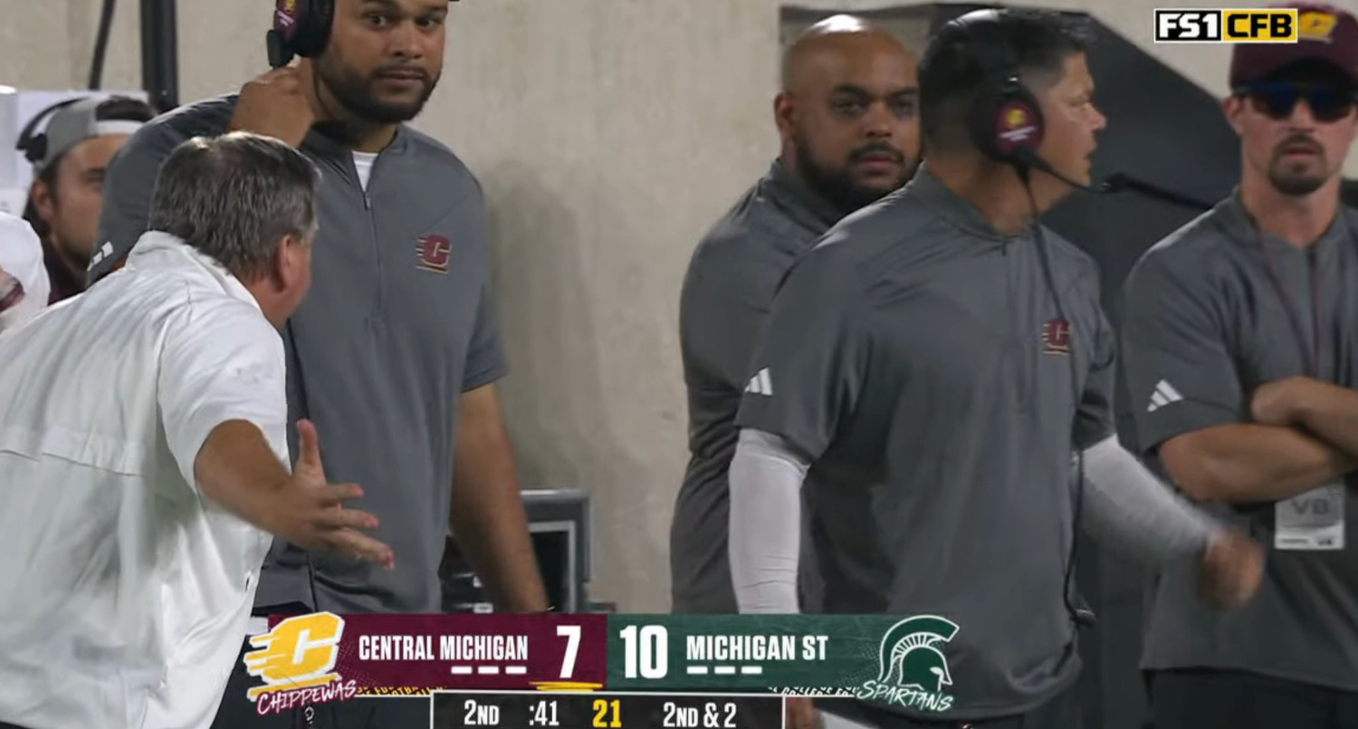 An alleged photo of Michigan staffer Connor Stalions (far right) on the Central Michigan sidelines on Sept. 1, 2023.