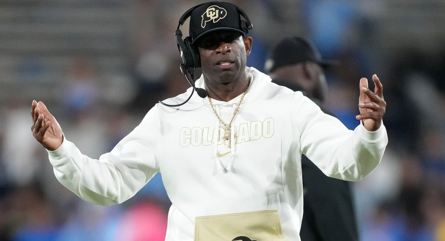 Oct 28, 2023; Pasadena, California, USA; Colorado Buffaloes head coach Deion Sanders reacts against the UCLA Bruins in the second half at Rose Bowl. Mandatory Credit: Kirby Lee-USA TODAY Sports