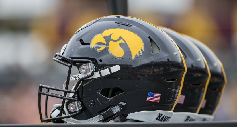 A general view of the Iowa Hawkeyes helmets before a game.
