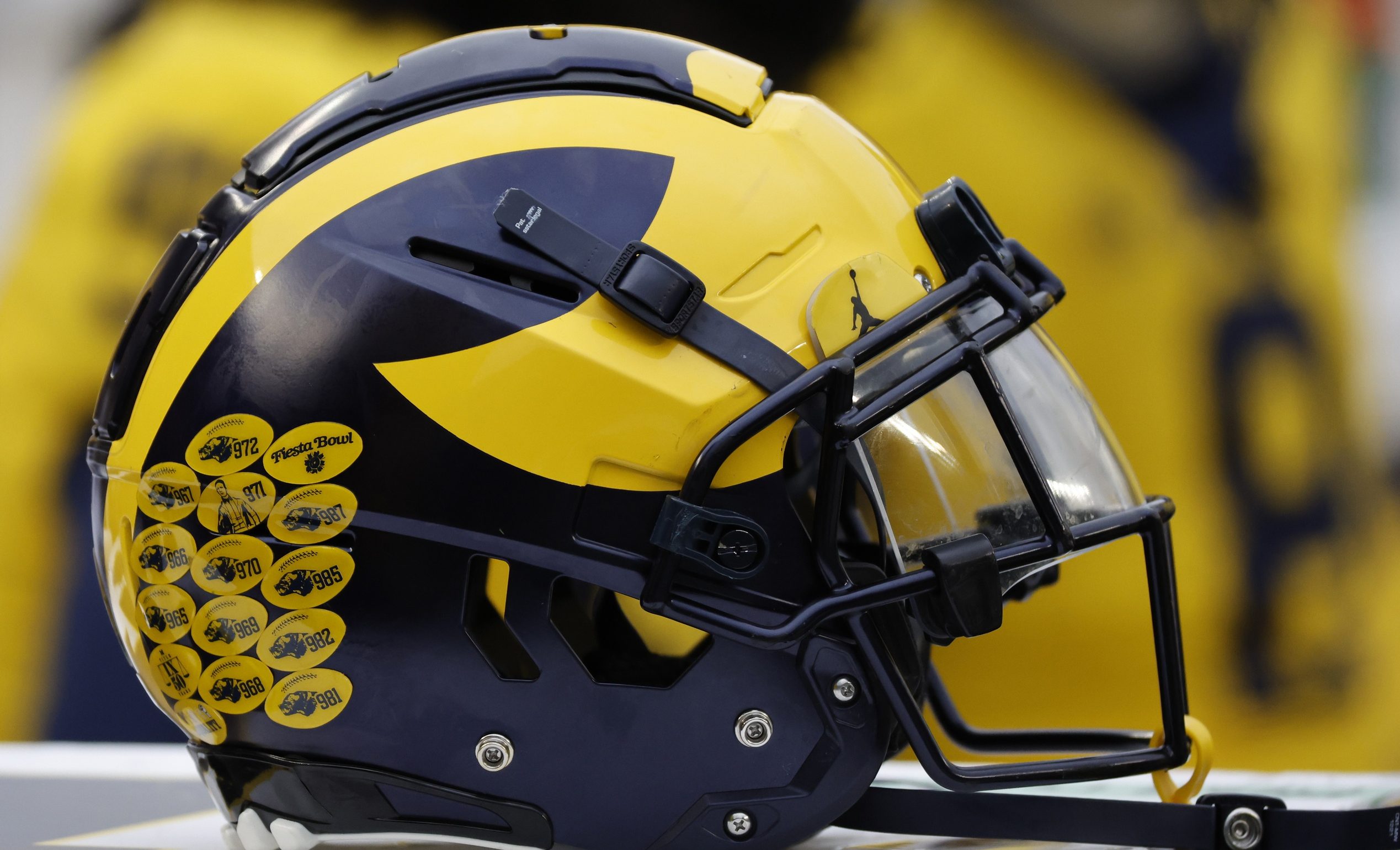 Apr 1, 2023; Ann Arbor, MI, USA; Michigan Wolverines helmet on the sideline during the Spring Game at Michigan Stadium. Mandatory Credit: Rick Osentoski-USA TODAY Sports