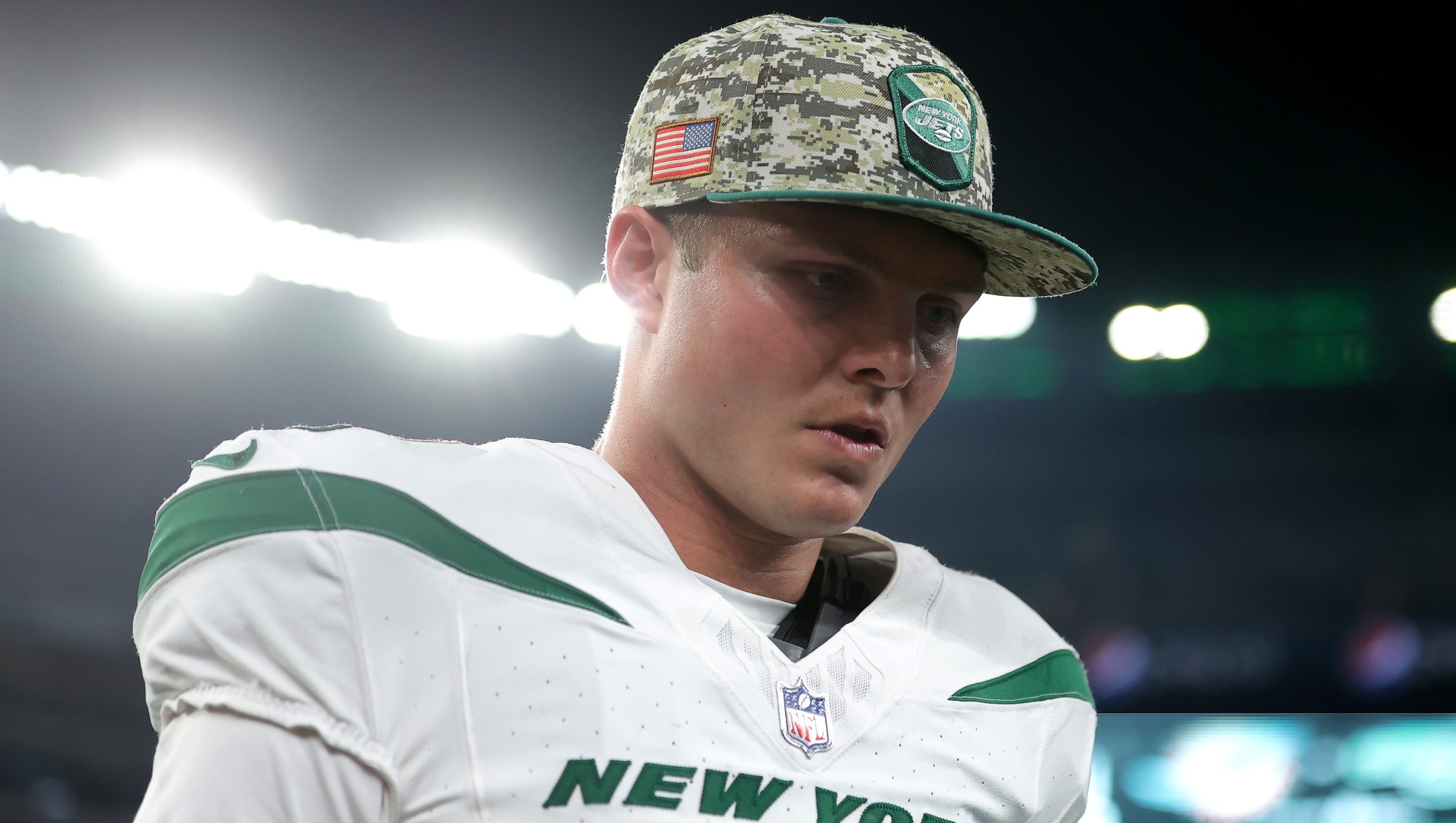 Nov 6, 2023; East Rutherford, New Jersey, USA; New York Jets quarterback Zach Wilson (2) leaves the field after losing to the Los Angeles Chargers at MetLife Stadium. Mandatory Credit: Brad Penner-USA TODAY Sports