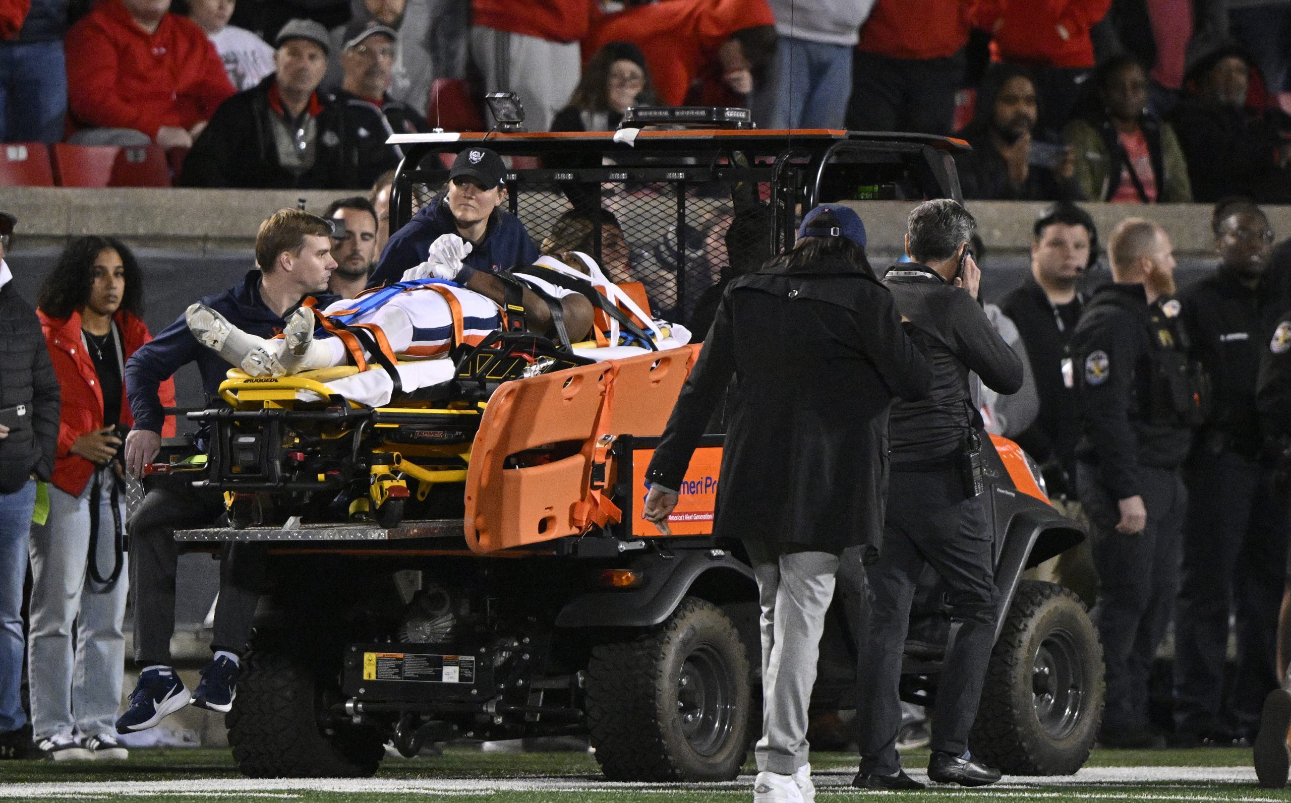 Virginia has given a positive update on the condition of running back Perris Jones, who was motionless for several minutes after a big hit. Photo Credit: Jamie Rhodes-USA TODAY Sports