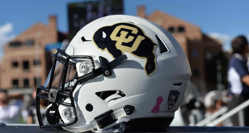 General view of a Colorado Buffaloes helmet with breast cancer awareness emblem in the second half of the game against the Oregon State Beavers at Folsom Field.